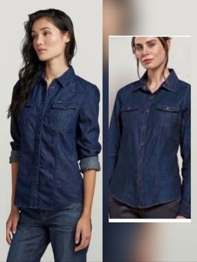 Talbots Blue Denim Button Down Blouse With Button Up Sleeves, Curved Hem, Large